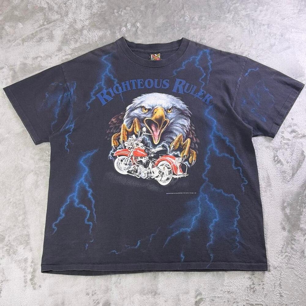 VTG 1994 Harley-Davidson 3D Emblem Righteous Ruler Lighting AOP T-Shirt XXL